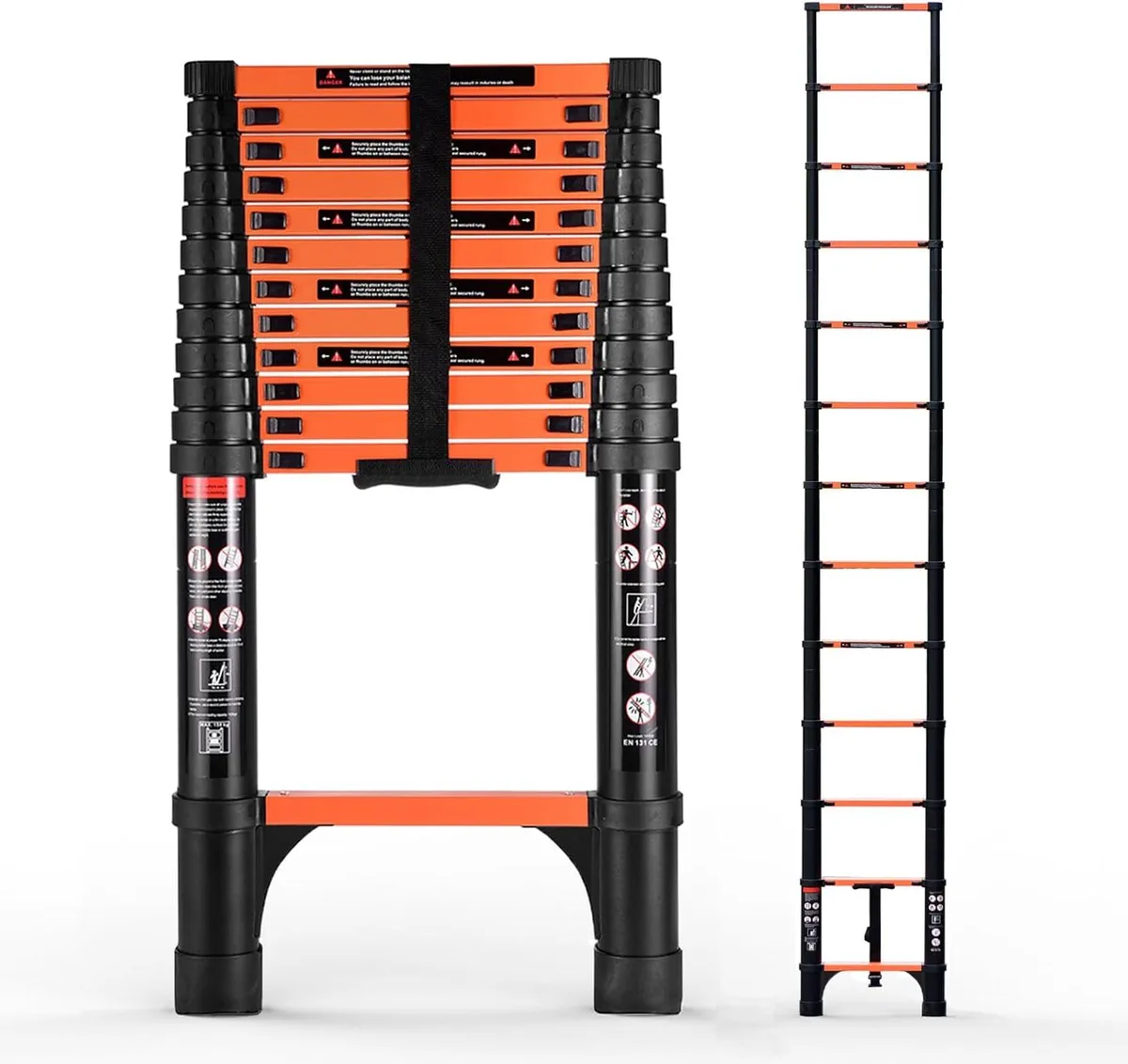 Silver aluminium telescoping ladder collapsed to 35 inches with carry handle