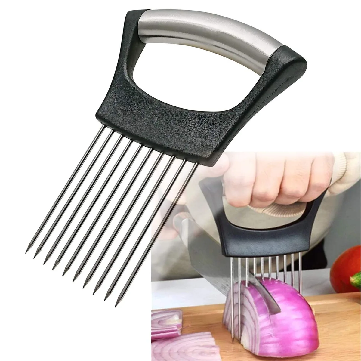 Stainless steel onion holder with sharp tines and wide plastic handle