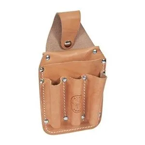 Black leather tool pouch with six open pockets and belt slot