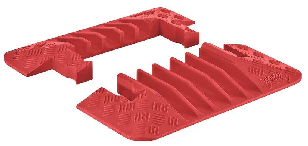 Pair of orange polyurethane cable protector end caps with serrated surface and hinged design
