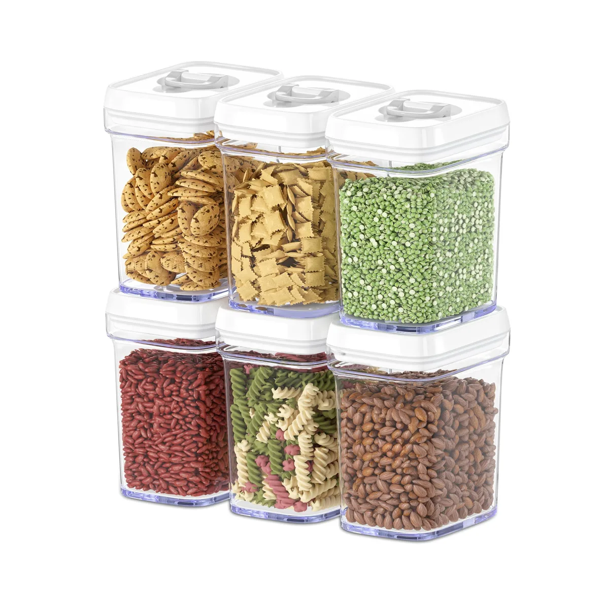 Six clear rectangular 1L containers with white lids
