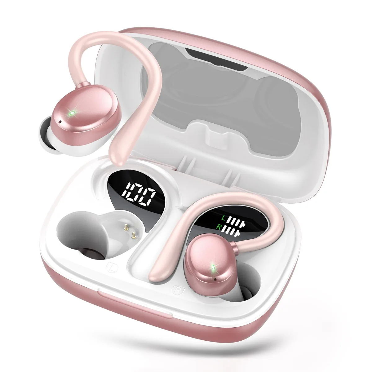 Gold wireless earbuds with earhooks in matching charging case