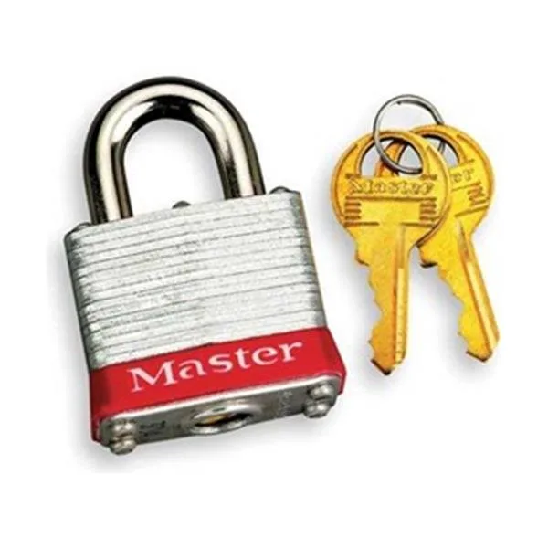 Red steel padlock with laminated body and red bumper, open shackle, standard keyway