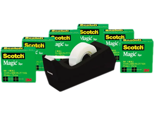 Six rolls of matte-finish invisible tape in red handheld dispensers