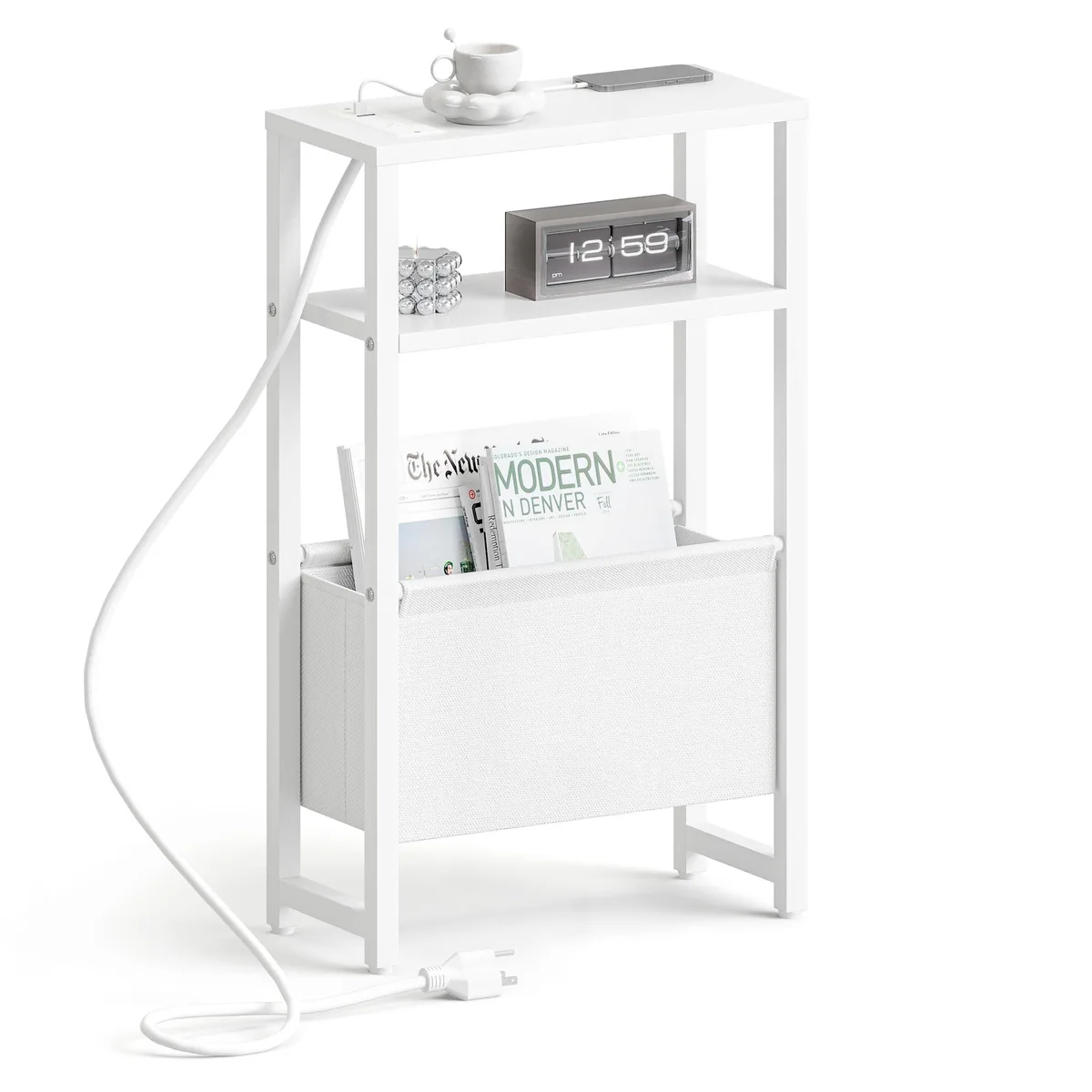White three-tier narrow side table with metal frame, open shelves, bottom basket, charging station and adjustable feet