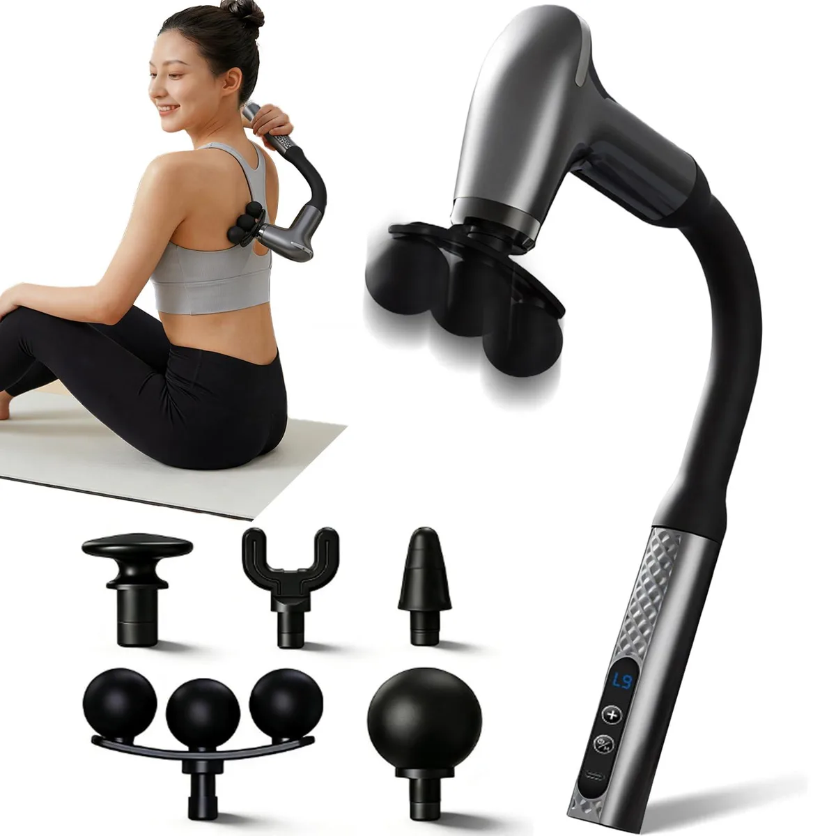 Space Silver massage gun with curved extended handle and five interchangeable heads
