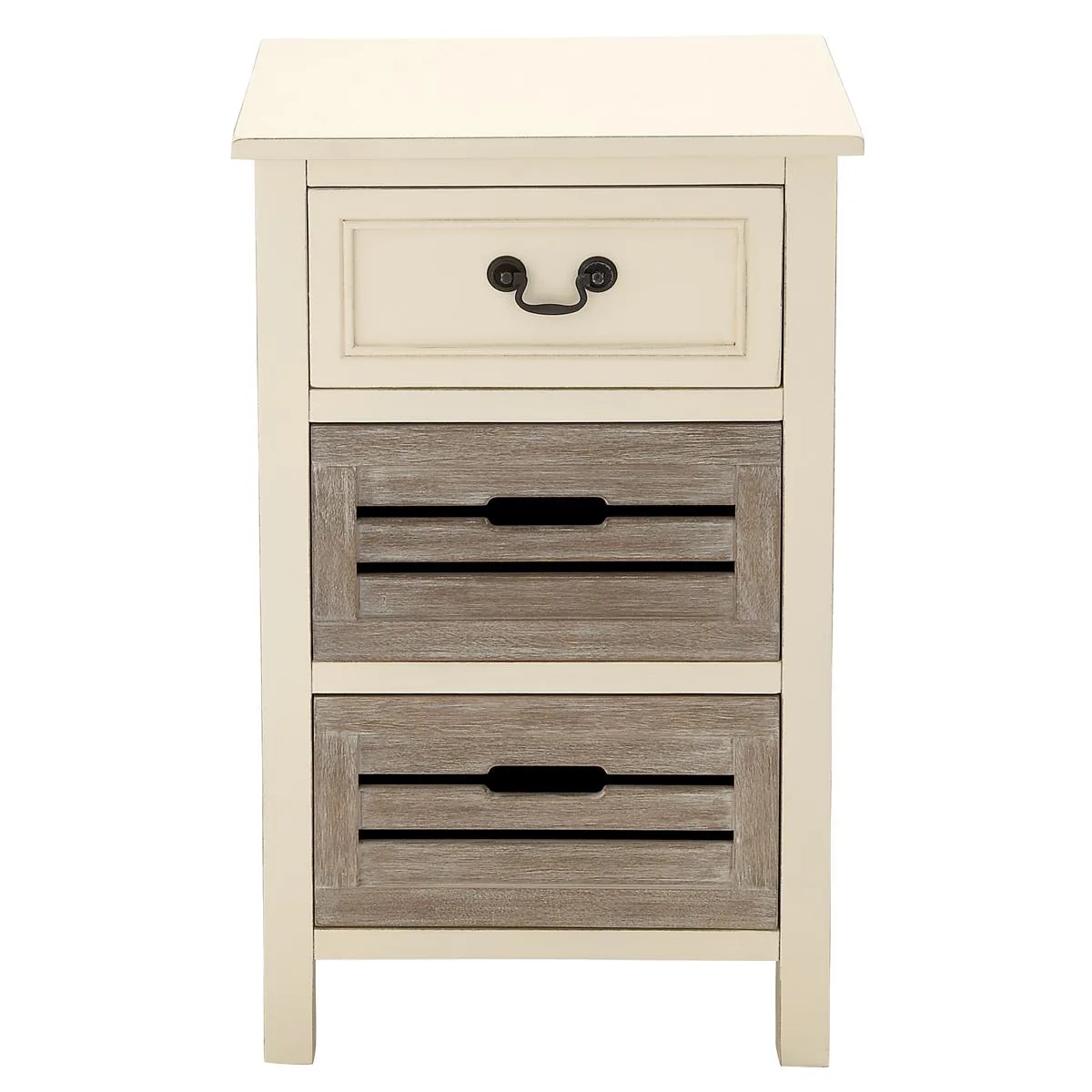 Beige two-tone wooden nightstand with three drawers, hand-weathered finish, 28" H x 17" L x 13" W