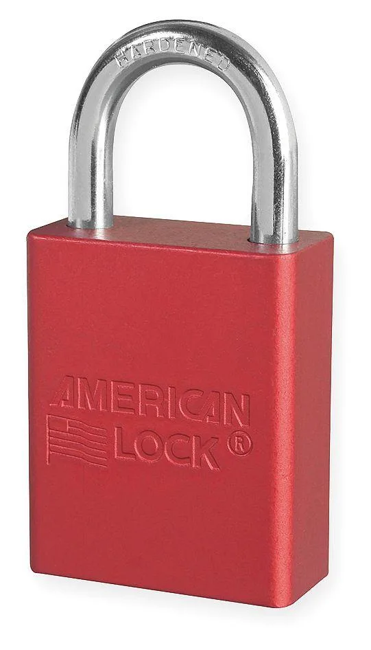 Red anodised aluminium lockout padlock with boron alloy shackle