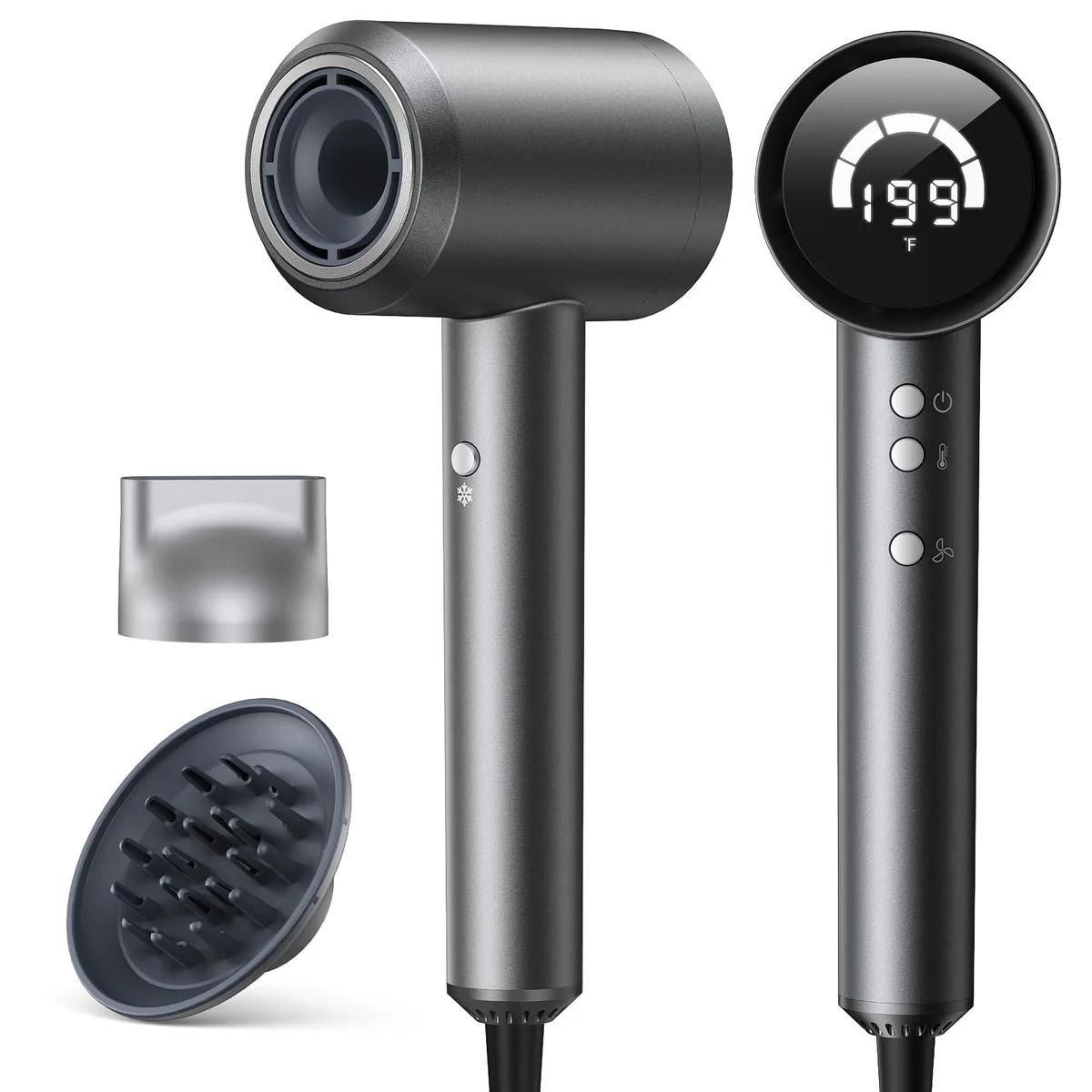 Grey hair dryer with diffuser and concentrator attachments, compact cylindrical shape