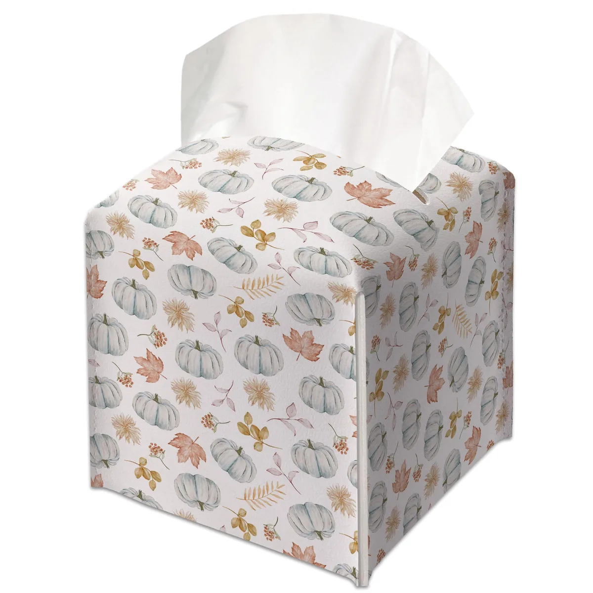 Square blue leather tissue box cover with pumpkin pattern, Velcro closure, 5.2 inches each side