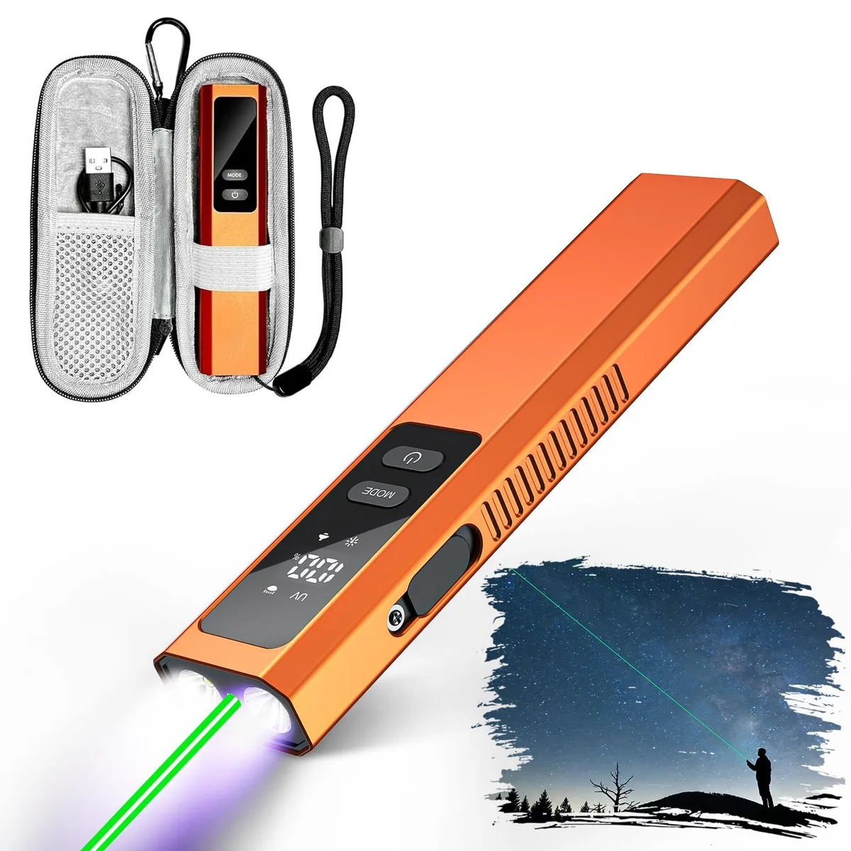 Orange slim flat flashlight with magnetic base, pocket clip, USB-C port, UV, green laser and red strobe