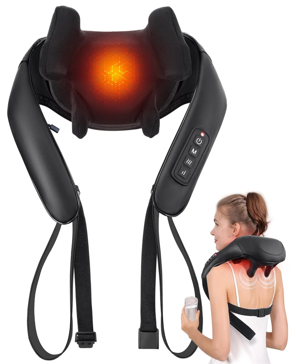 Blue cordless shiatsu massager with wrap-around shape and faux-leather finish