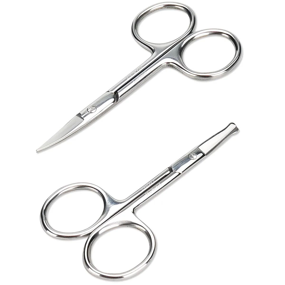 Two silver stainless steel grooming scissors, one straight blade with rounded tip, one curved blade with pointed tip