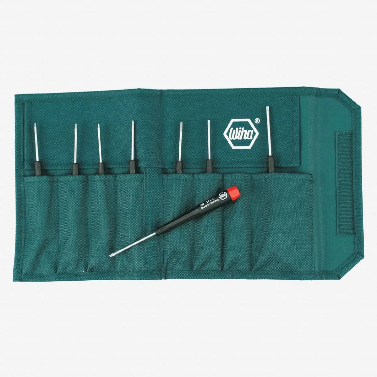 Eight Torx precision screwdrivers in a pouch, chrome tips, ergonomic handles with rotating caps