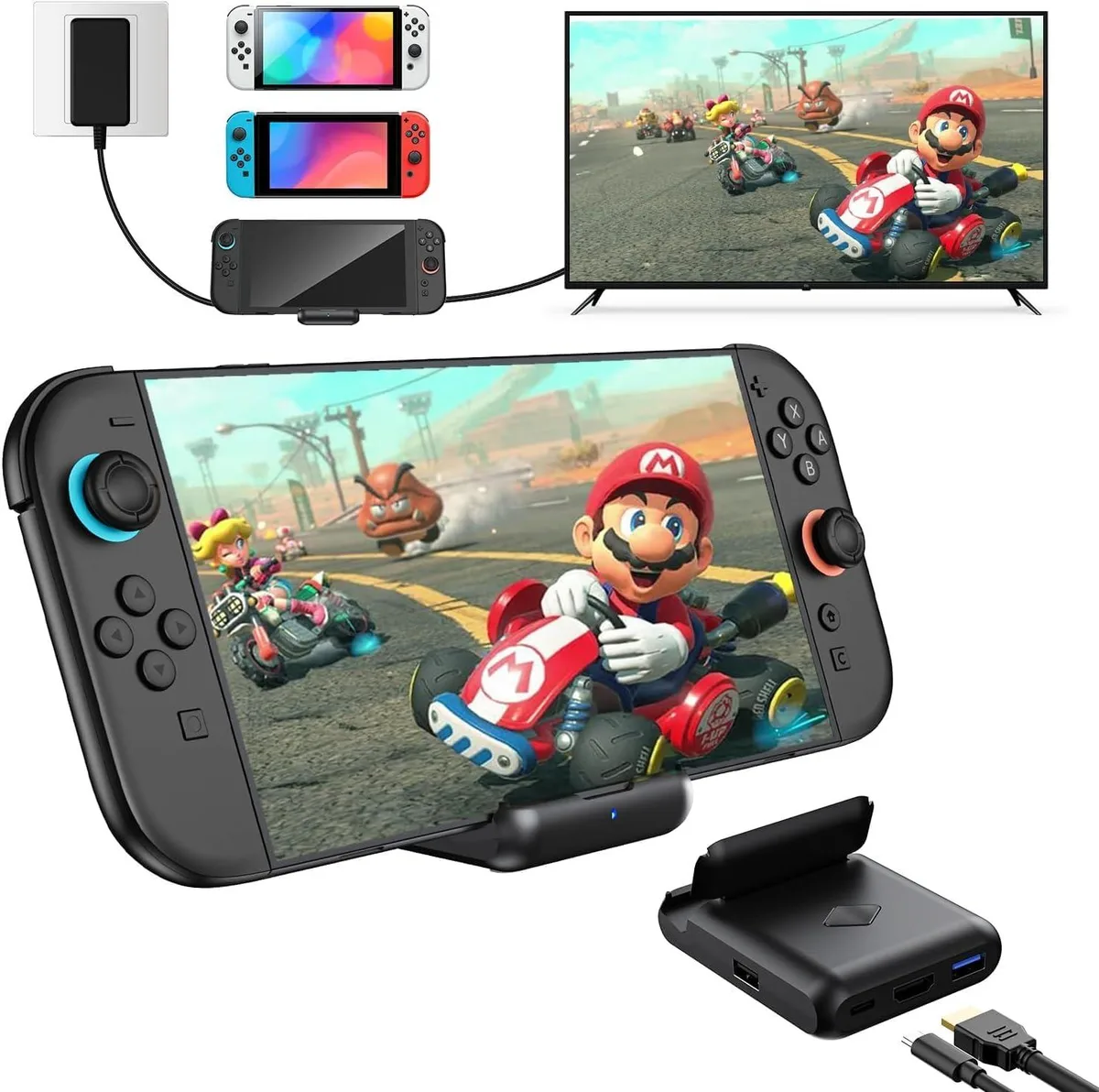 Compact black docking station for Nintendo Switch 2/1/OLED, lightweight with anti-skid base, HDMI port and USB 2.0