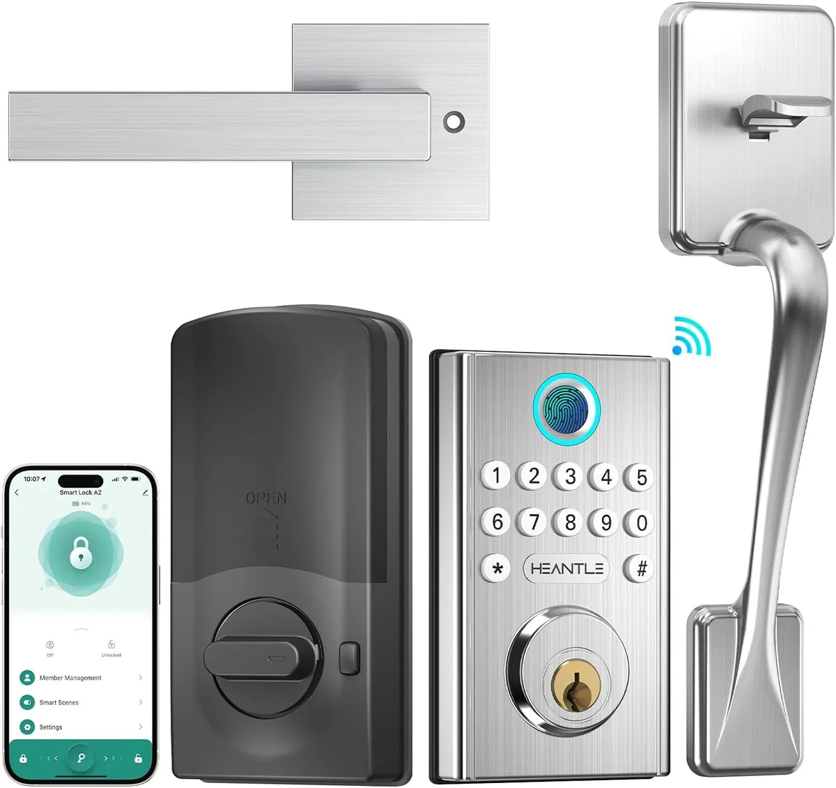 HEANTLE HEANTLE Smart Door Lock Silver Fingerprint WiFi Gateway 0.3s 100 codes 50 prints 5-30min auto-lock — product photo