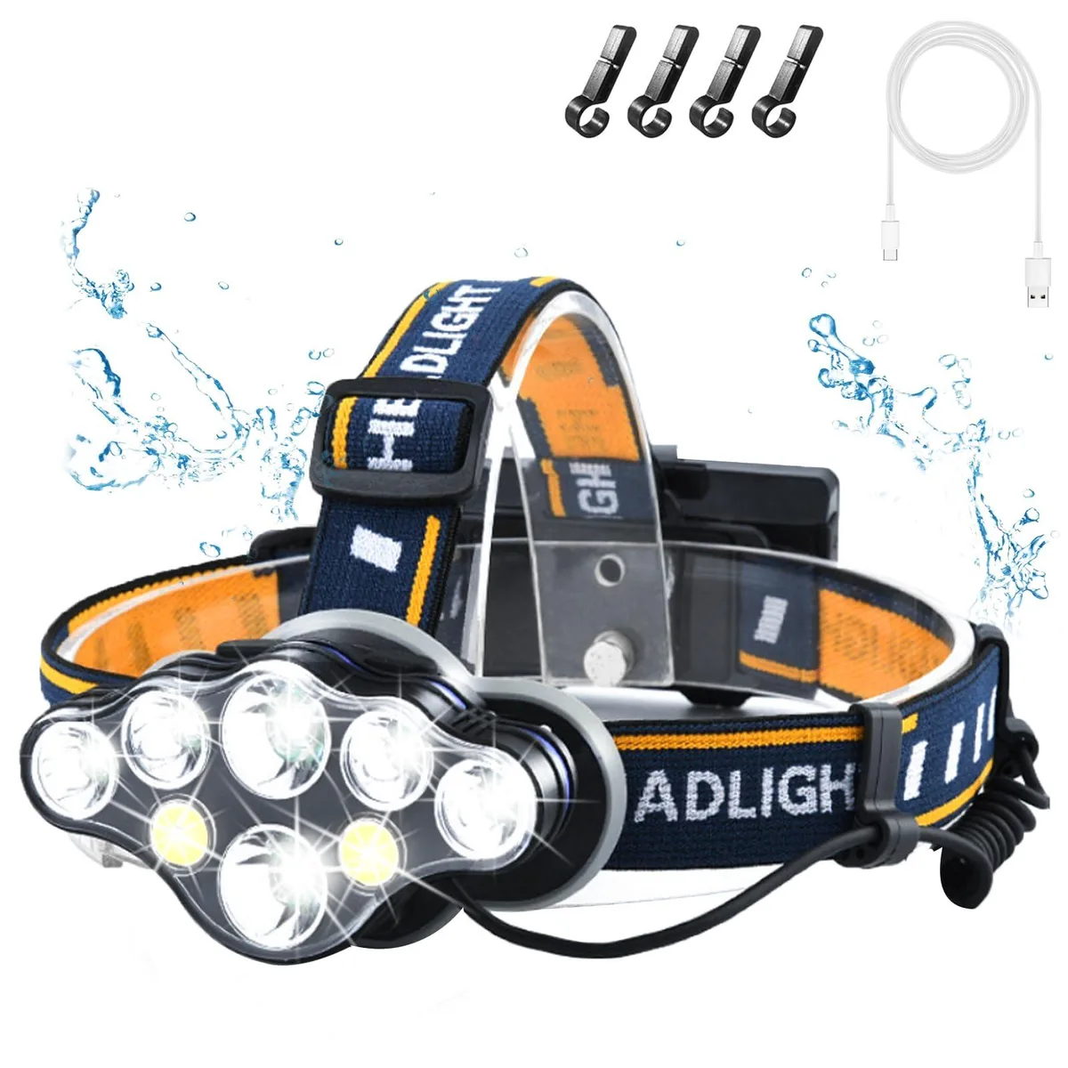 Yellow headlamp with eight LEDs, adjustable strap, and rear red light