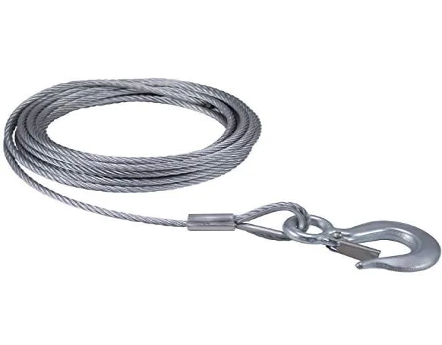 Galvanised steel winch cable with safety-latch hook, 25 ft length