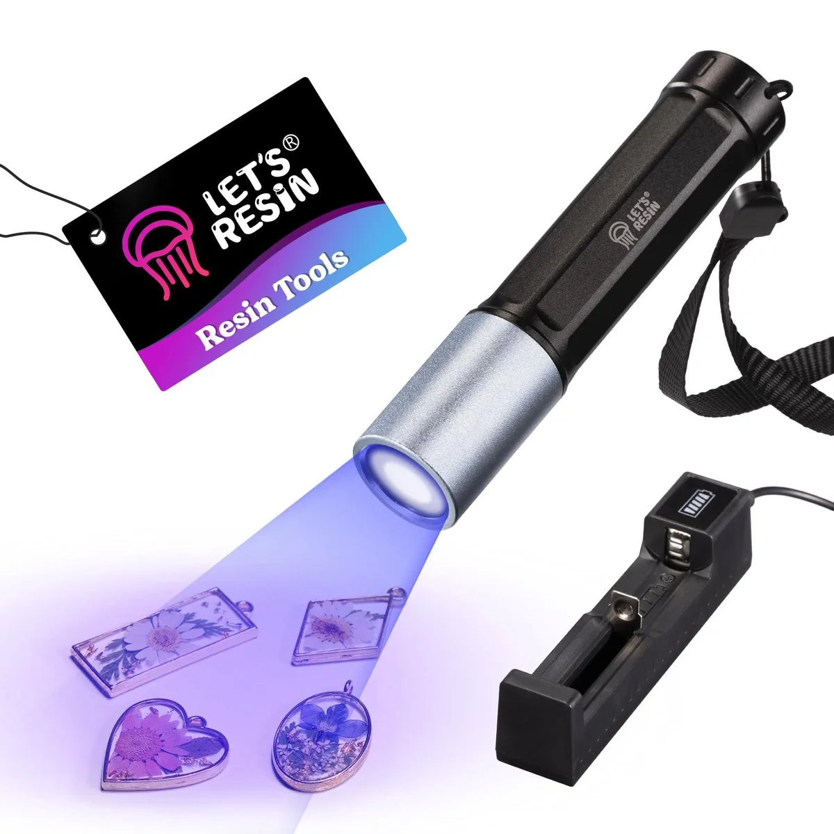 Compact black aluminium UV flashlight, pocket size, rechargeable, waterproof