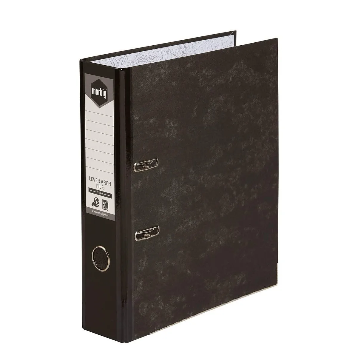 Black lever arch file with speckled finish, 75mm spine, metal lever mechanism and finger hole