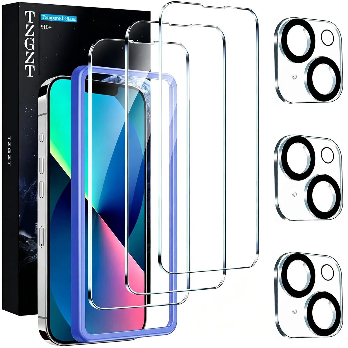  TZGZT 3 Pack Screen Protectors for iPhone 13, 9H Tempered Glass, with Camera Lens Protectors — product photo