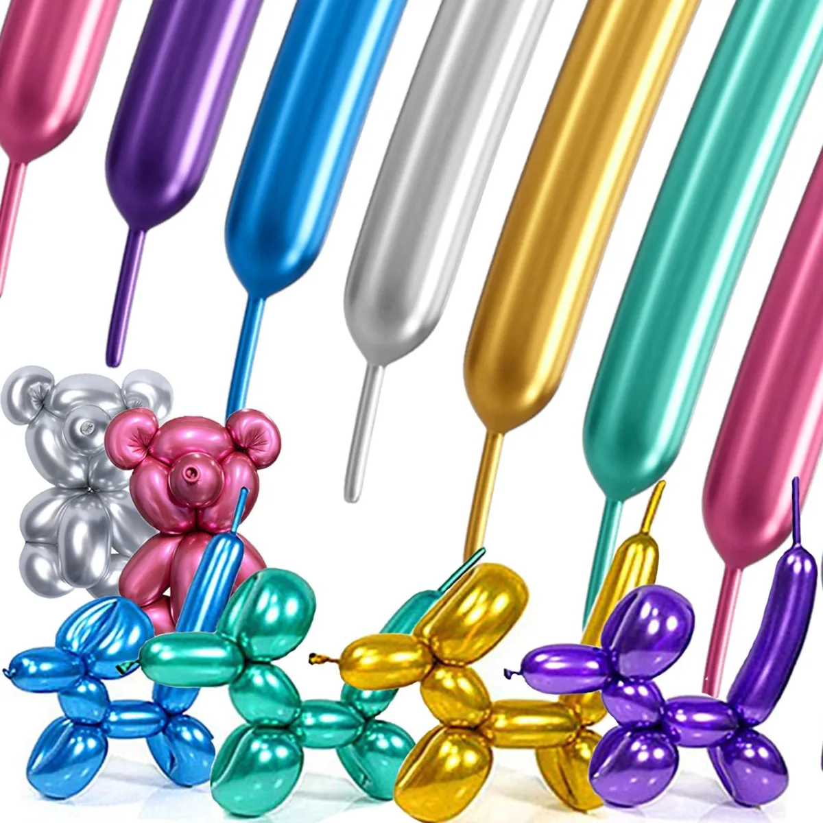 A clear bag holding 100 long metallic latex balloons in six colours