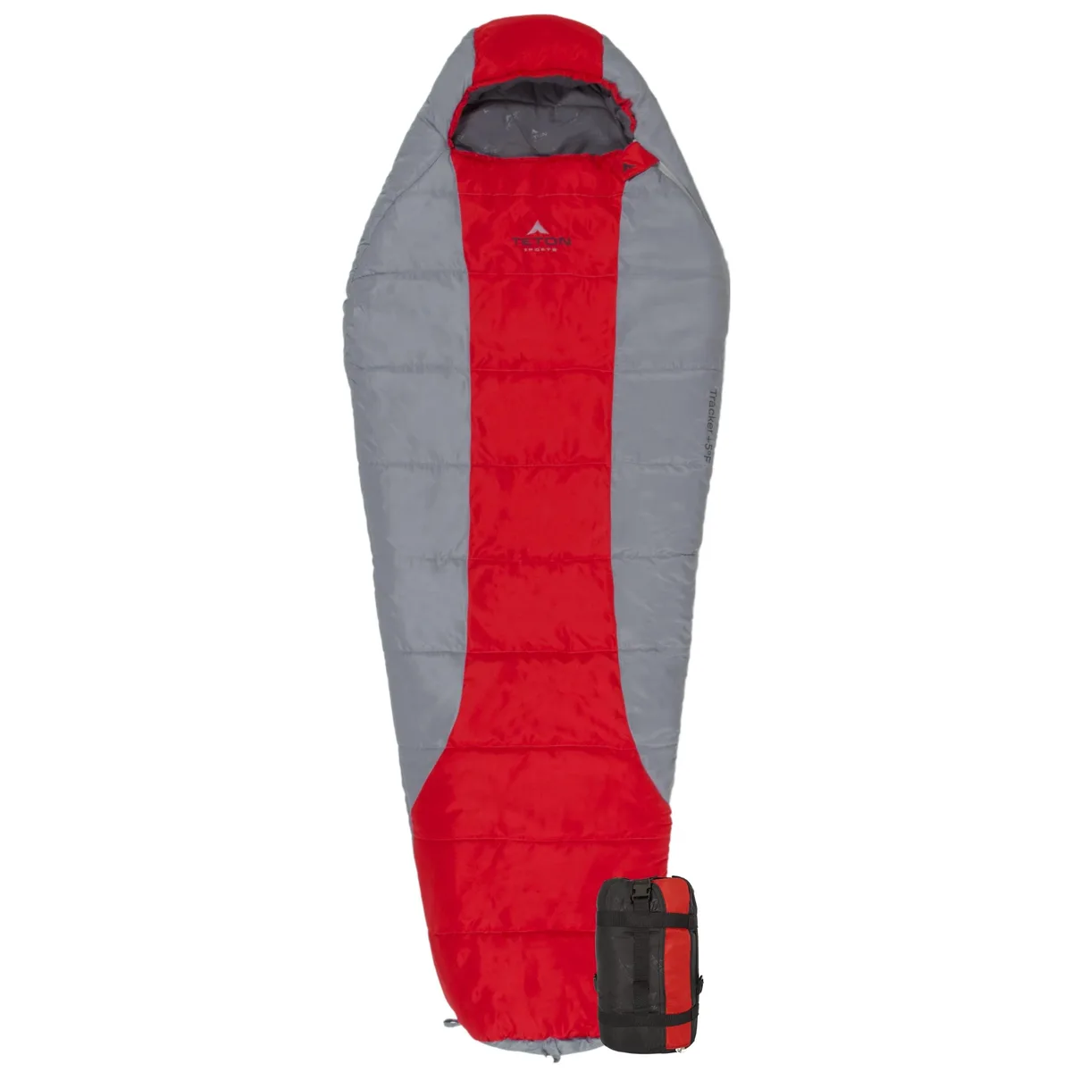 Beige mummy sleeping bag with red zipper and compression sack