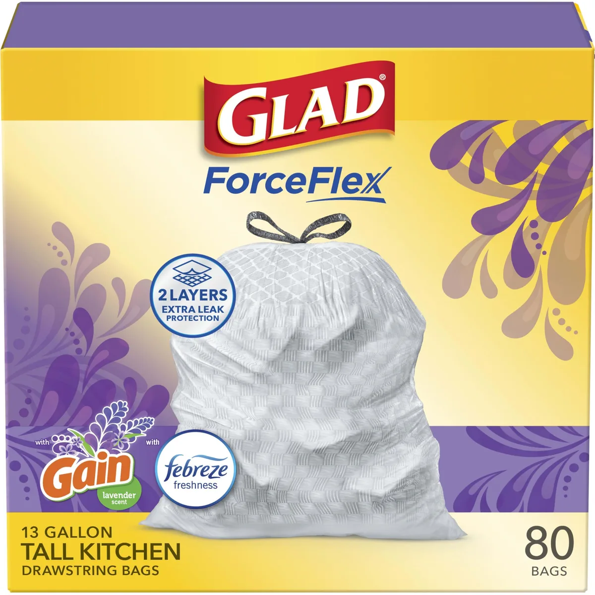 Box of 80 lavender-scented 13-gallon drawstring trash bags