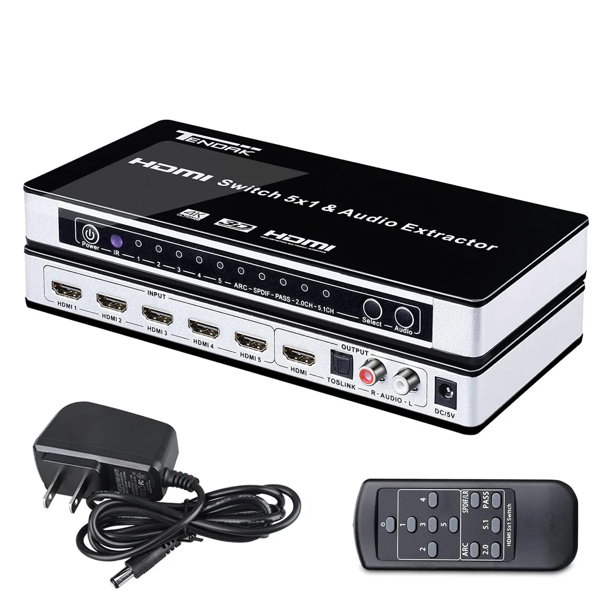 BUCIER BUCIER 5-Port HDMI 1.4 Switch Audio Extractor ARC 4K@30Hz Optical Toslink L/R 3.5mm Remote Black — product photo