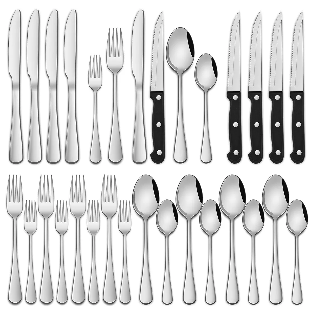 A 24-piece stainless steel cutlery set in a silver mirror finish, service for four, showing dinner and steak knives, forks, and spoons