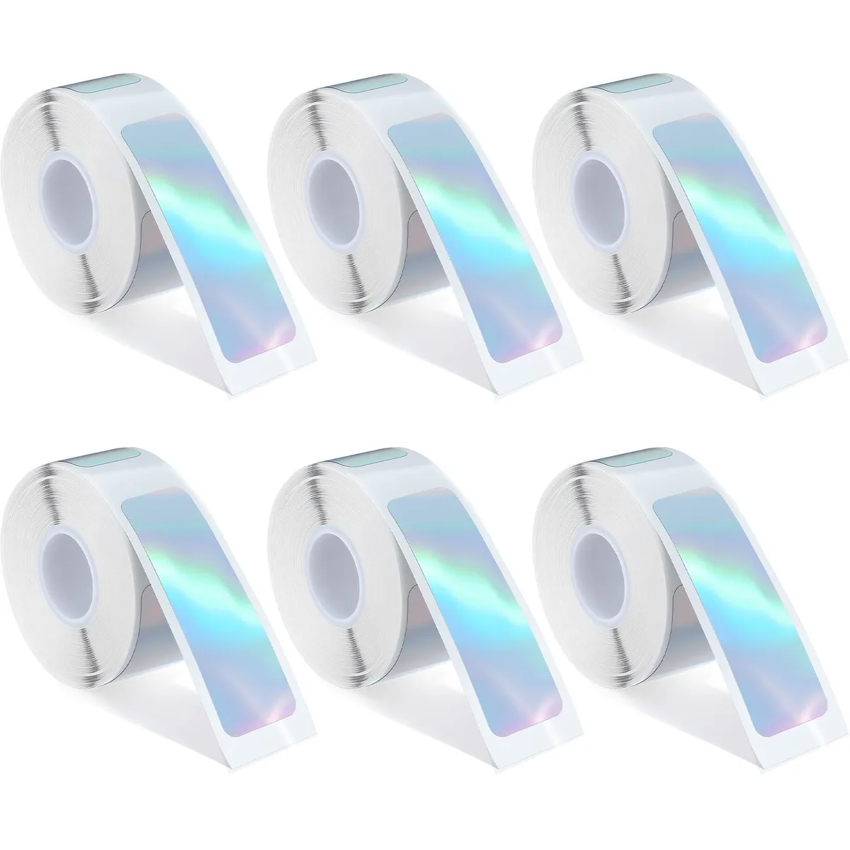 Six rolls of silver thermal label tape in a compact pack