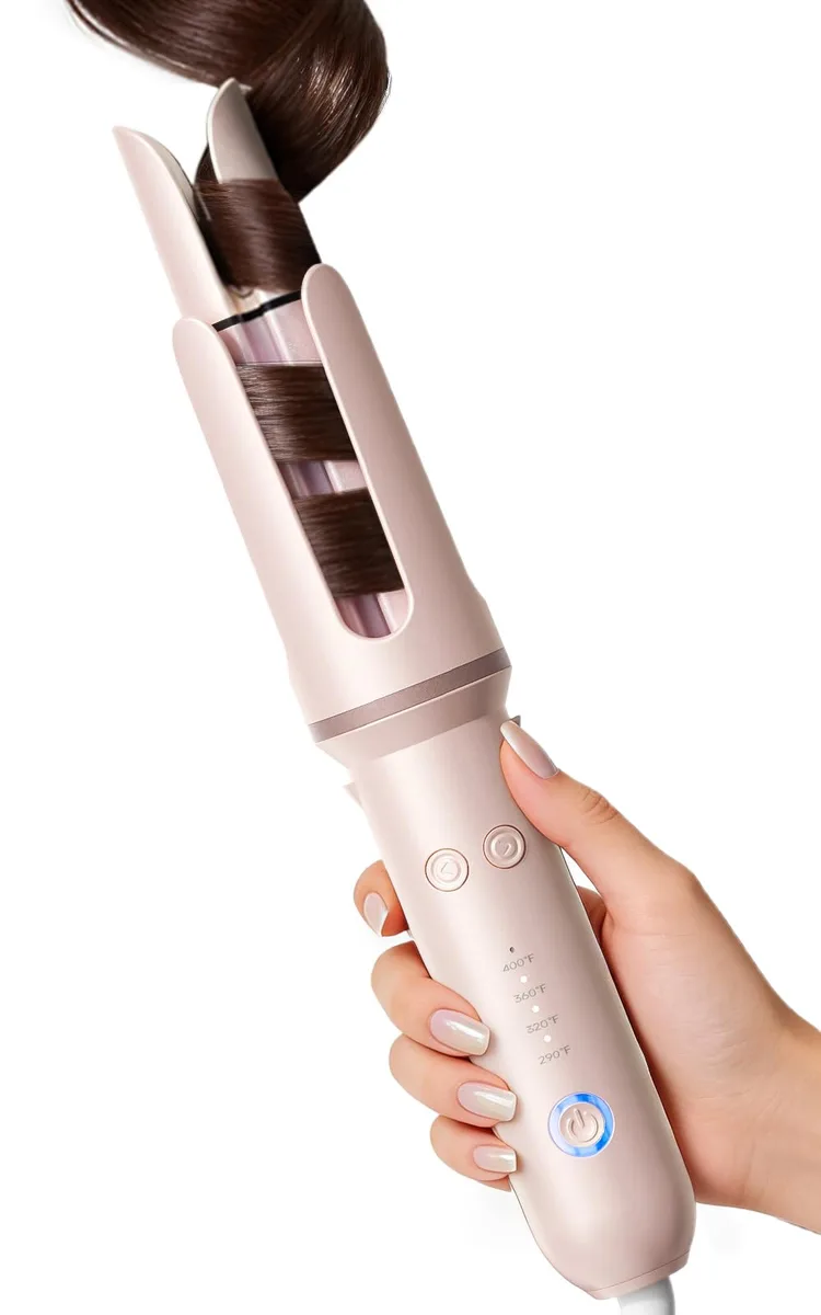 Pink automatic curling iron with 1.25 inch rotating ceramic barrel, cool-touch grip and swivel cord