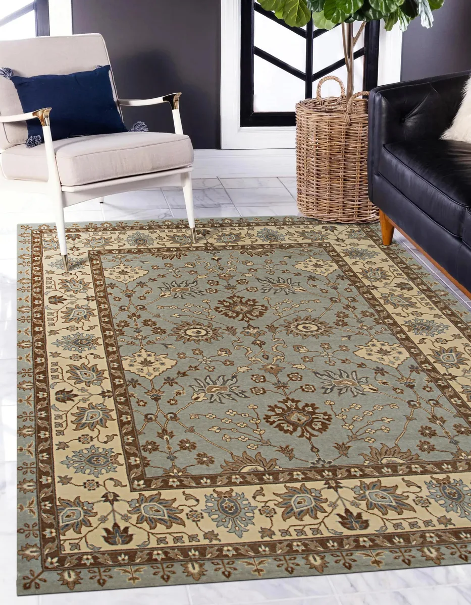 Light blue Oushak rug with floral pattern, hand-knotted wool, .5 inch pile