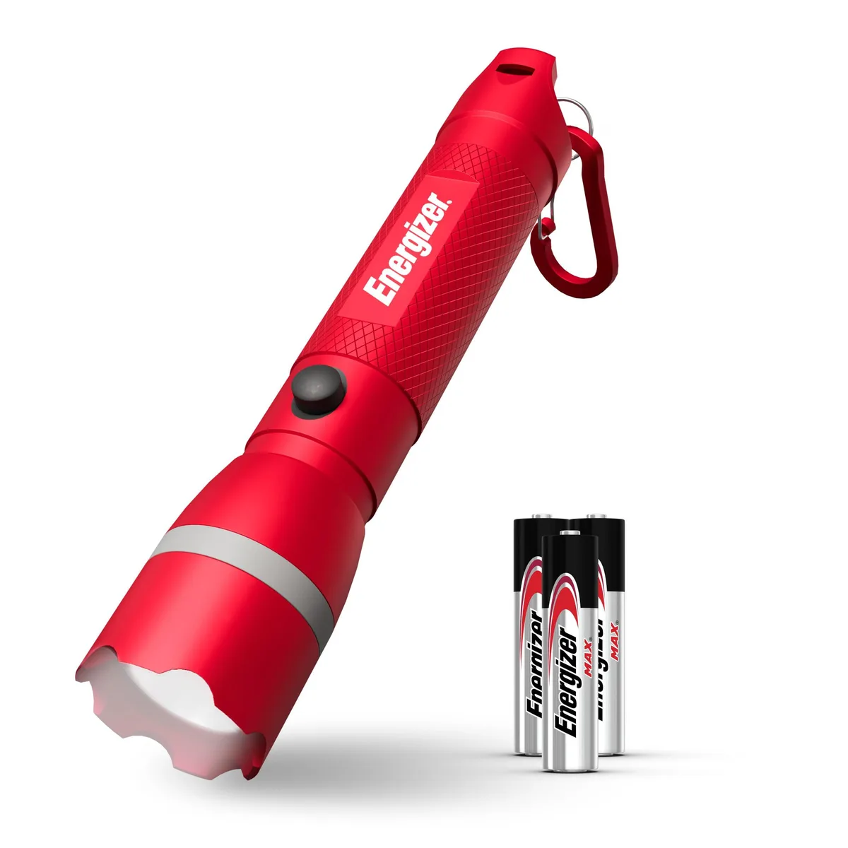 Cylindrical metal flashlight with carabiner clip, IPX4 water resistant, 3 AAA batteries included