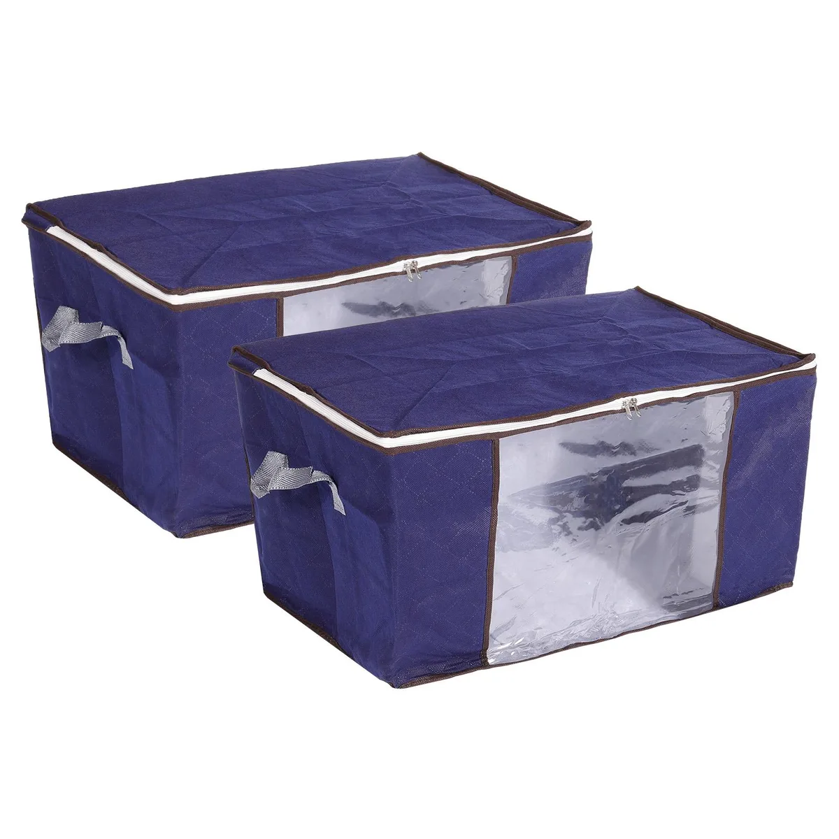 Two dark-blue foldable fabric storage bins with clear front windows and reinforced handles