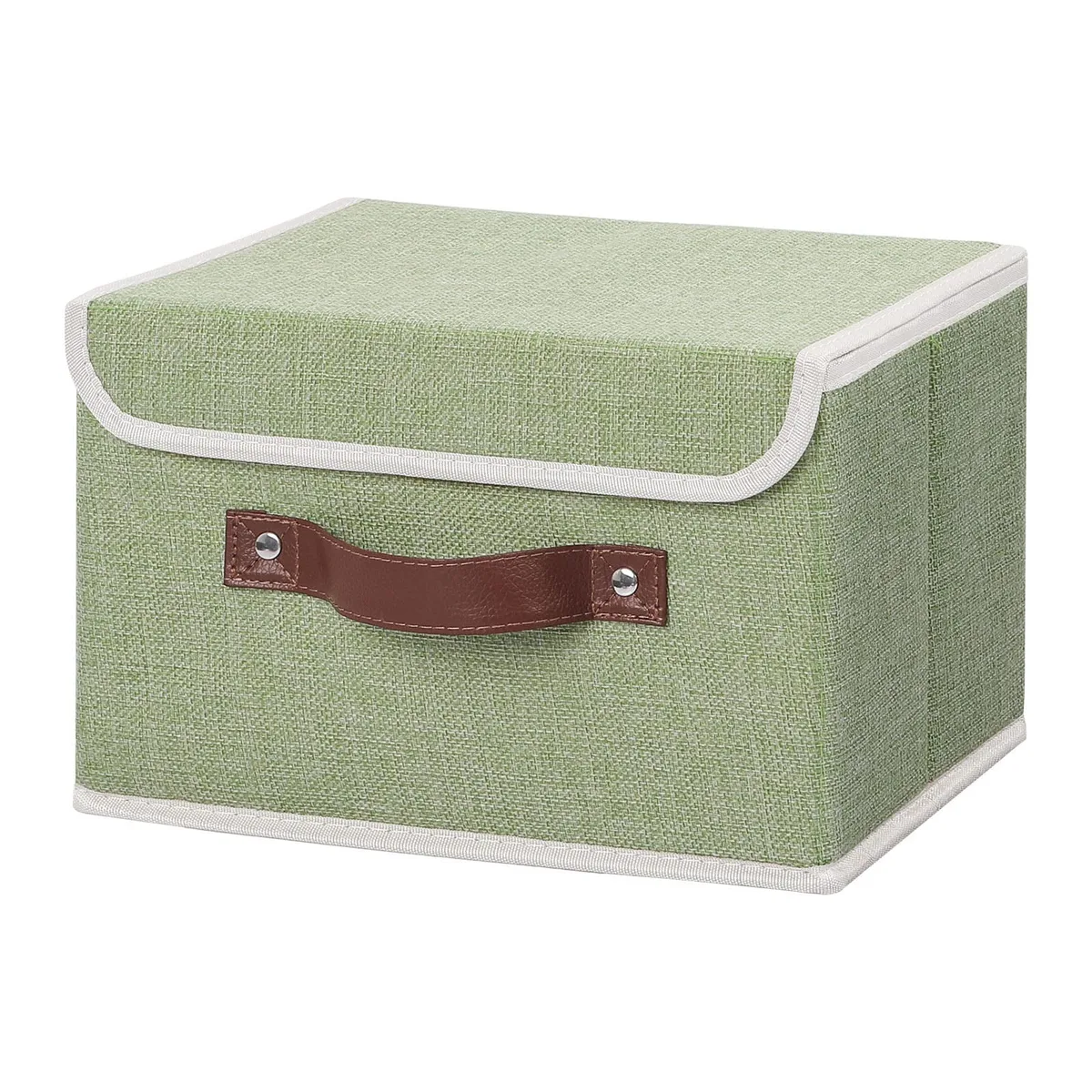 Green fabric storage cube with lid and faux leather handle, rectangular shape, foldable design