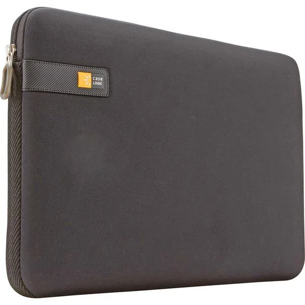 Black 13.3 inch laptop sleeve with woven webbing sides and envelope opening