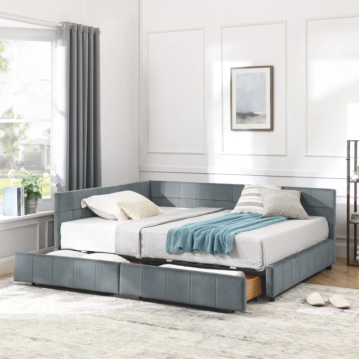 Grey velvet full-size tufted daybed with backrest, armrest and under-bed drawers
