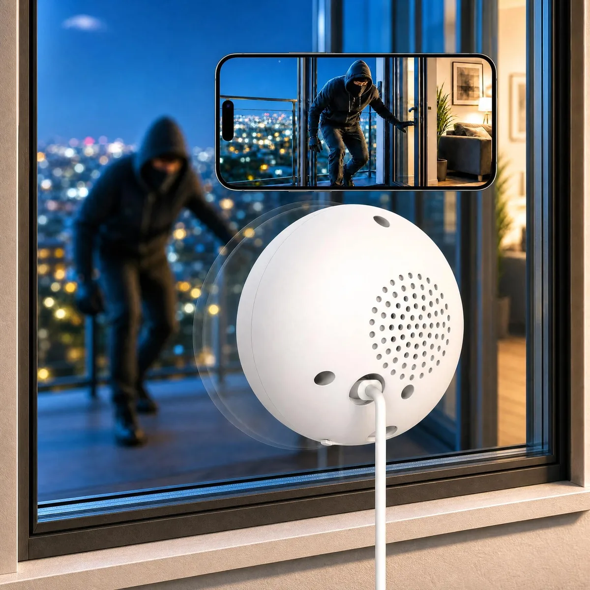 White rectangular window camera with adhesive and magnetic mounts, IP66 rated for indoor or outdoor use