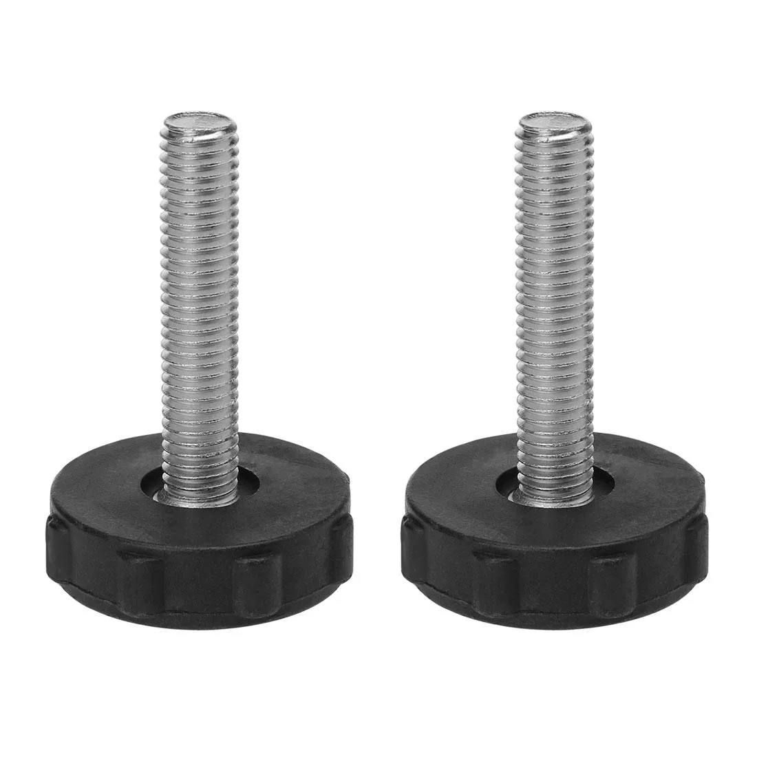 Two silver threaded leveling feet with black plastic bases