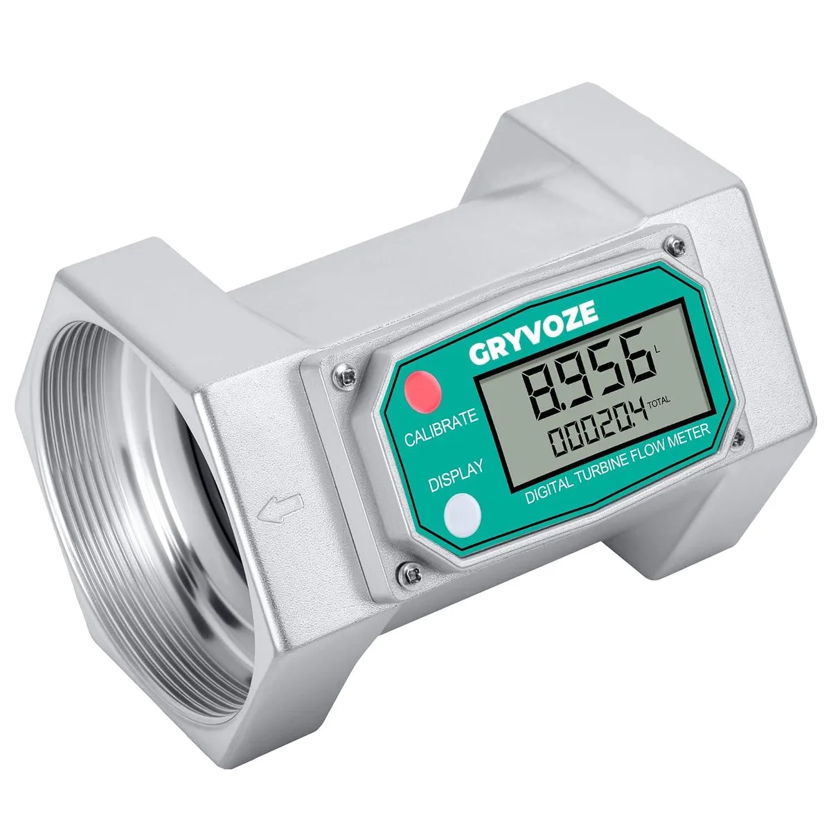 Silver 3-inch NPT digital turbine flow meter with rotatable LCD display