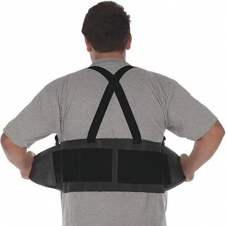Black knit back support with hook-and-loop closure and attached suspenders