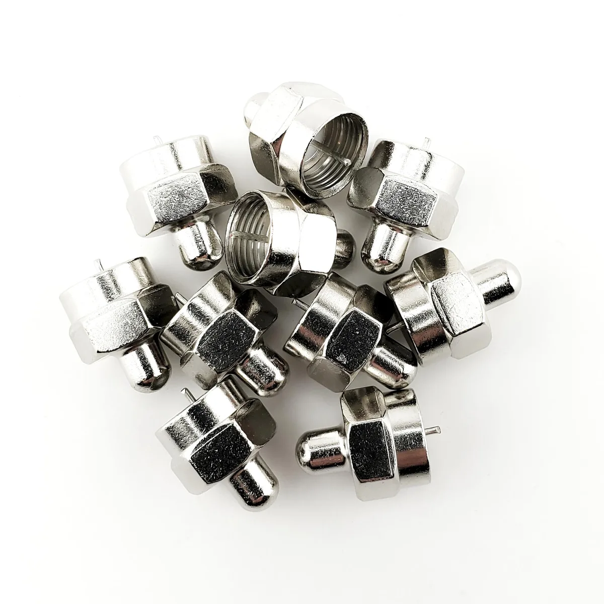 SatelliteSale SatelliteSale 10PACKTERMINATORS 40675 10 pack 75 Ohm F-type male wire cap connector TAA compliant silver — product photo