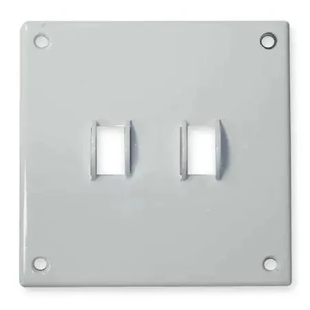 White powder-coated steel two-gang toggle switch plate, standard size, shatter and crack resistant, ligature resistant