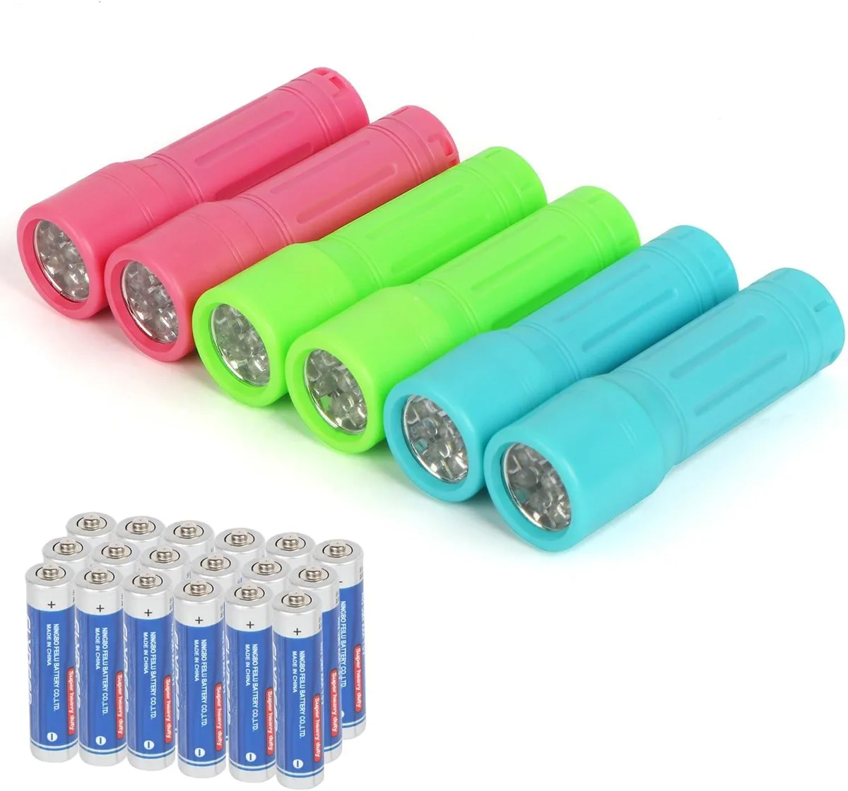 Six small multicolour plastic flashlights with lanyards and eighteen AAA batteries