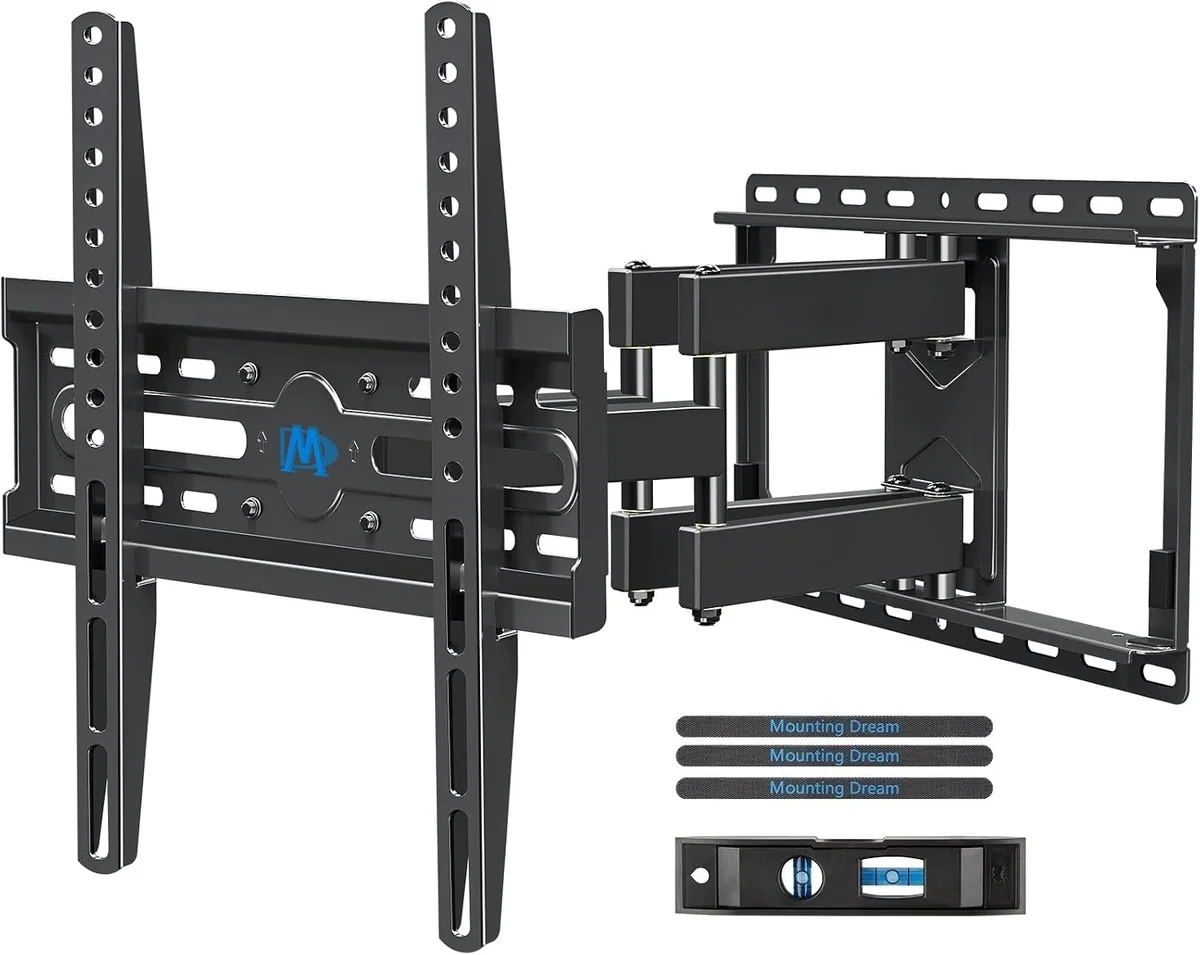 Black steel full-motion TV wall bracket with dual articulating arms extended, showing tilt and swivel joints