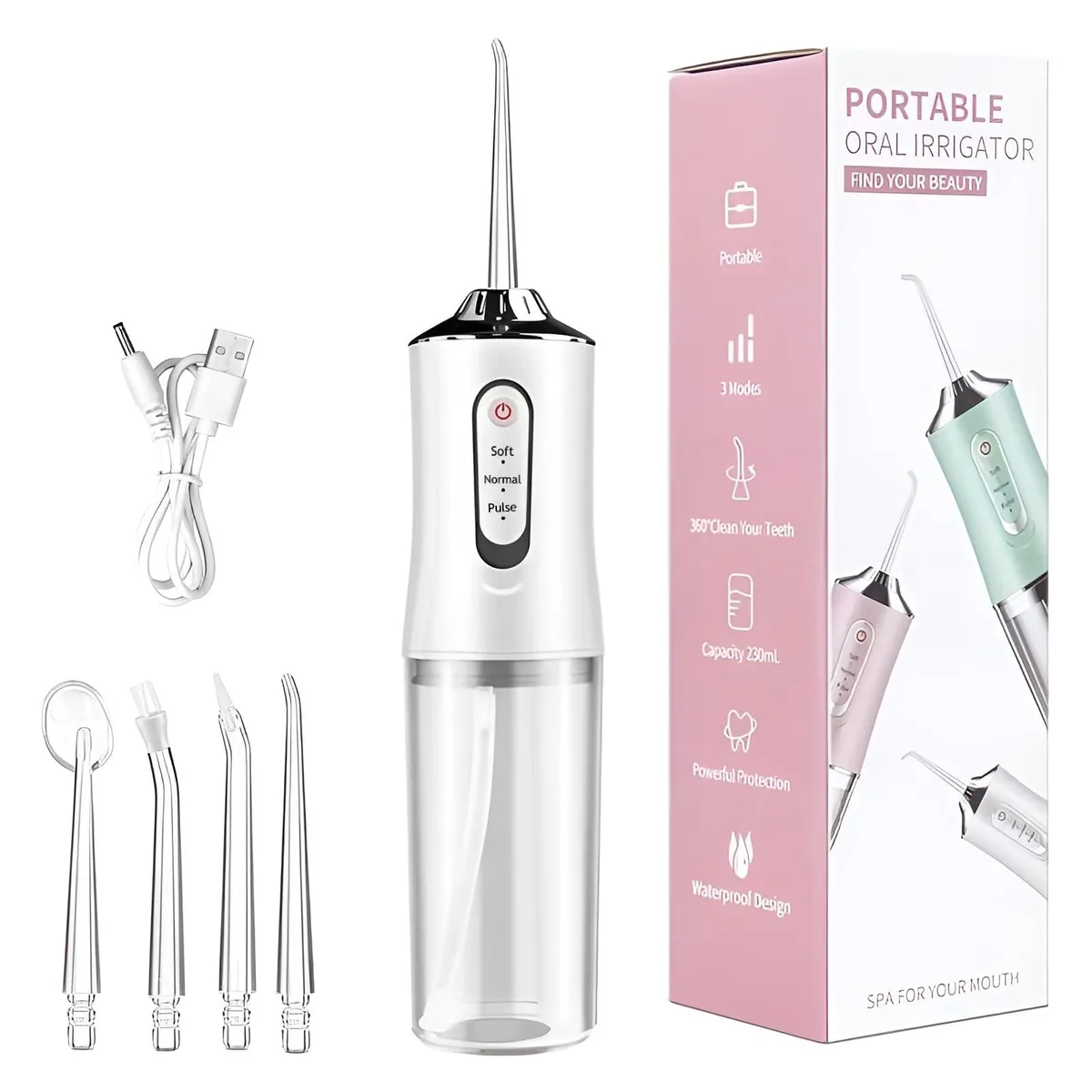 White cordless oral irrigator with 230ml detachable tank and four jet tips