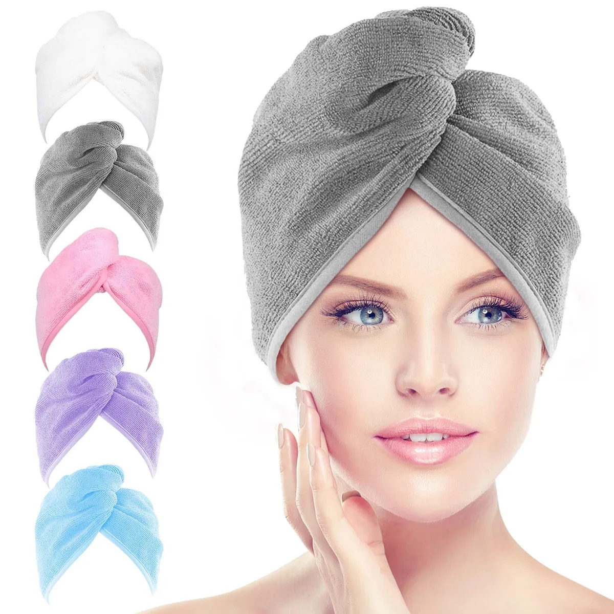 Five folded microfiber hair towel wraps in a stack