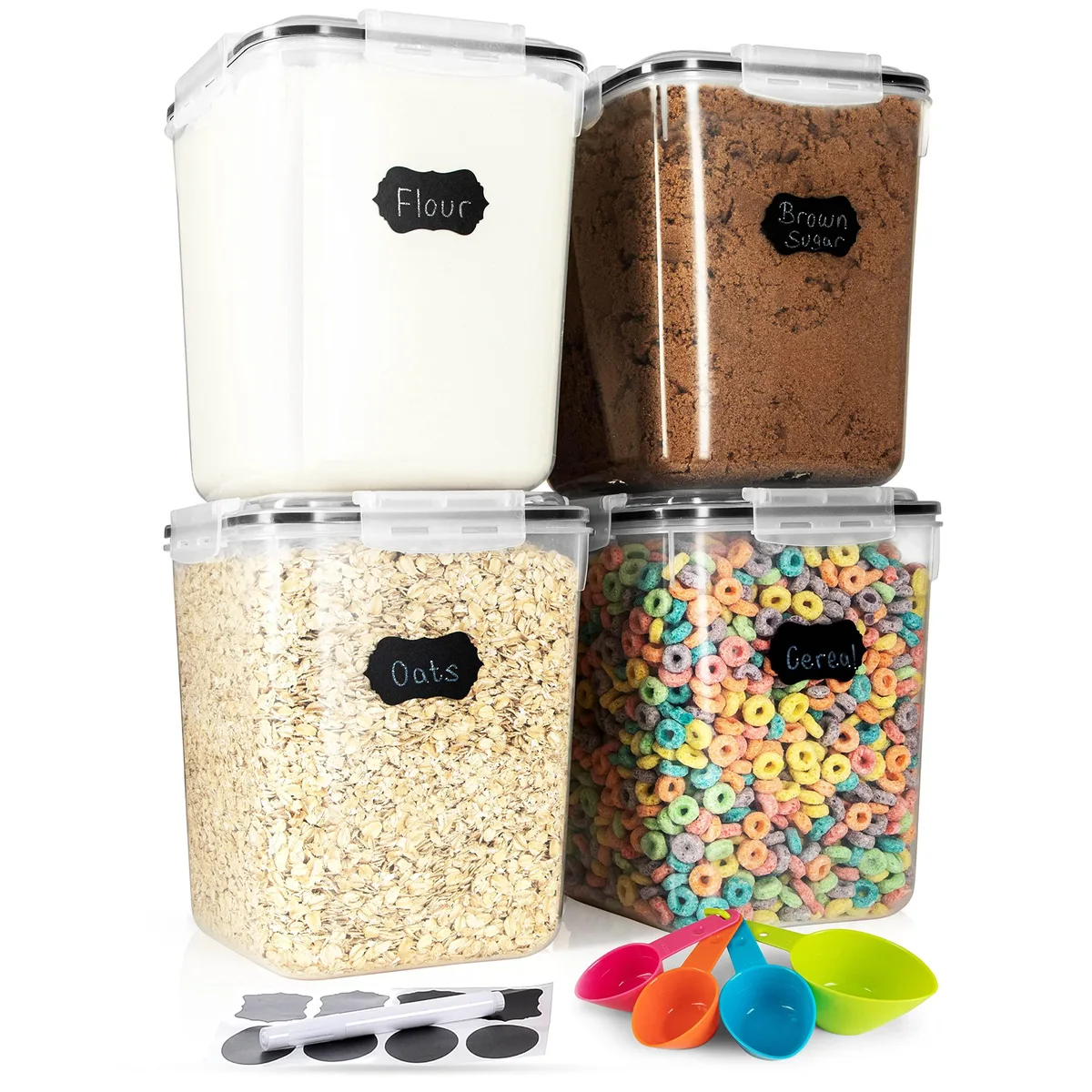 Four square transparent containers with locking lids, stacked set of four