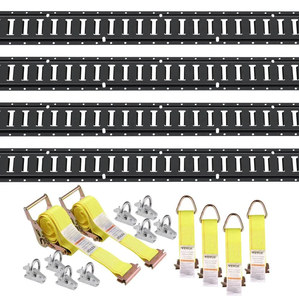 Four five-foot steel E-track rails with eight O-ring anchors, four D-ring tie-offs and two ratchet straps